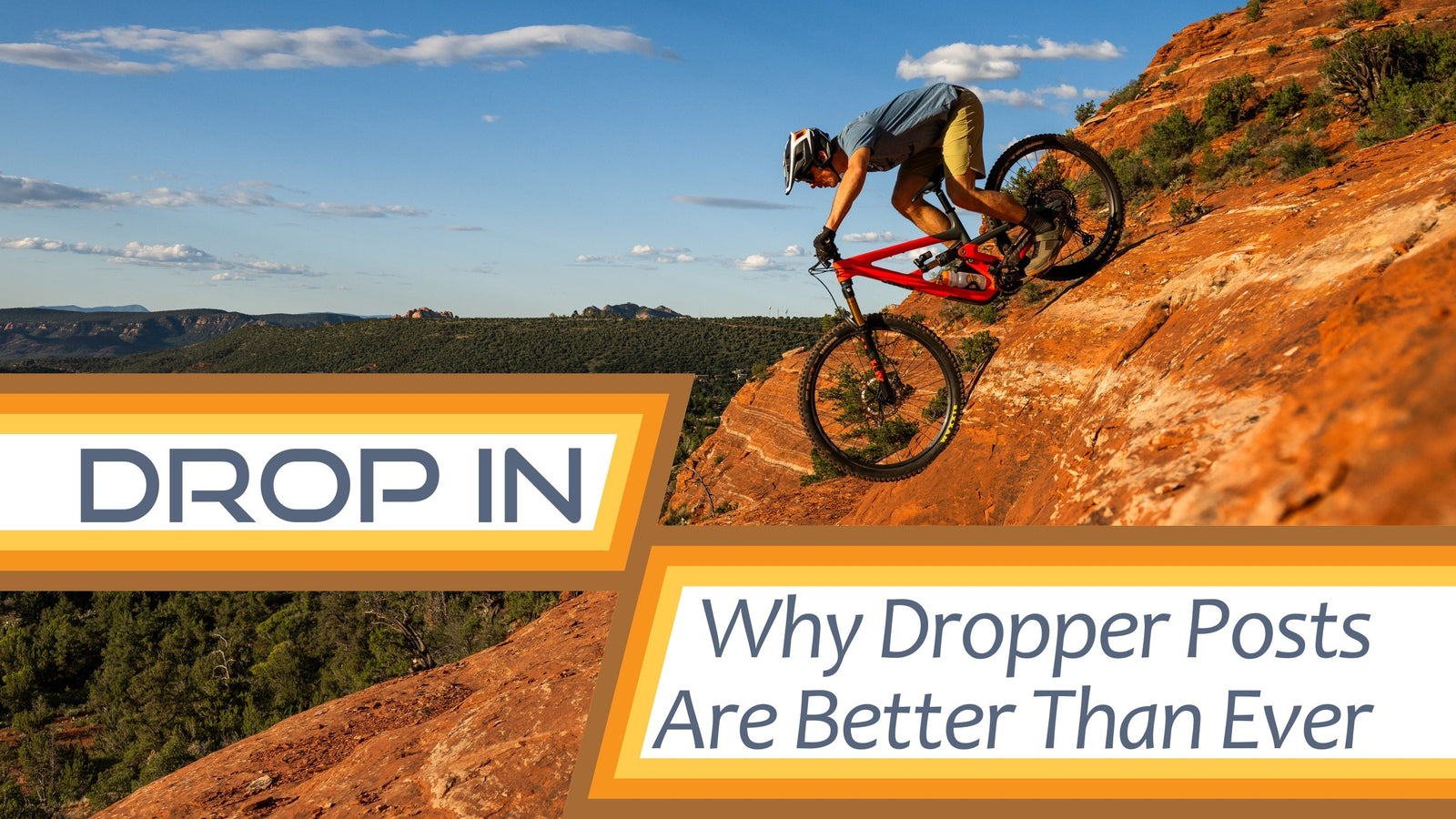 Mountain biker dropping in on red rock trail, showcasing dropper post performance in Sedona terrain
