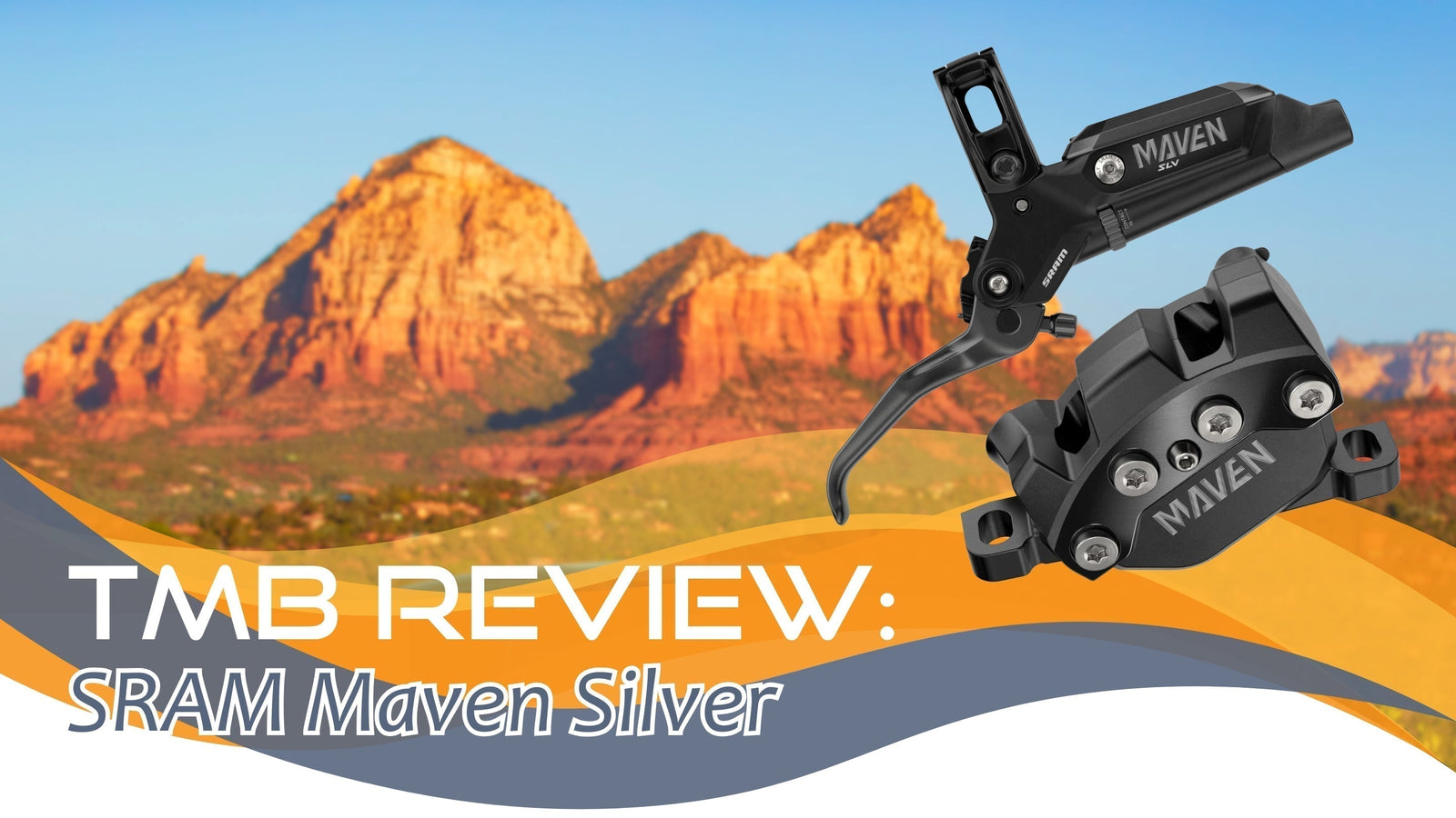 SRAM Maven Silver mountain bike brake lever and caliper against Sedona red rock backdrop