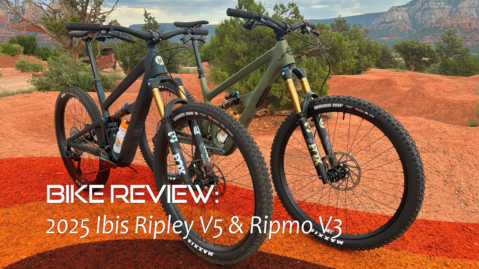 2025 Ibis Ripley V5 and Ripmo V3 mountain bikes on red dirt trail with desert mountains