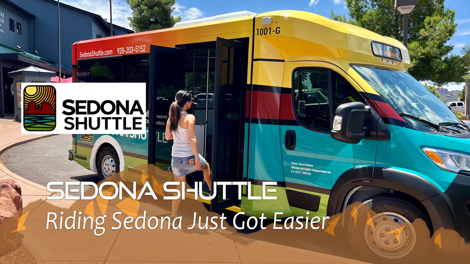 Sedona Shuttle bus with passenger boarding, colorful design, easy transport in Sedona, Arizona