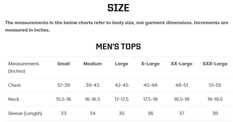 Men's tops size chart with chest, neck, and sleeve measurements in inches for proper fit