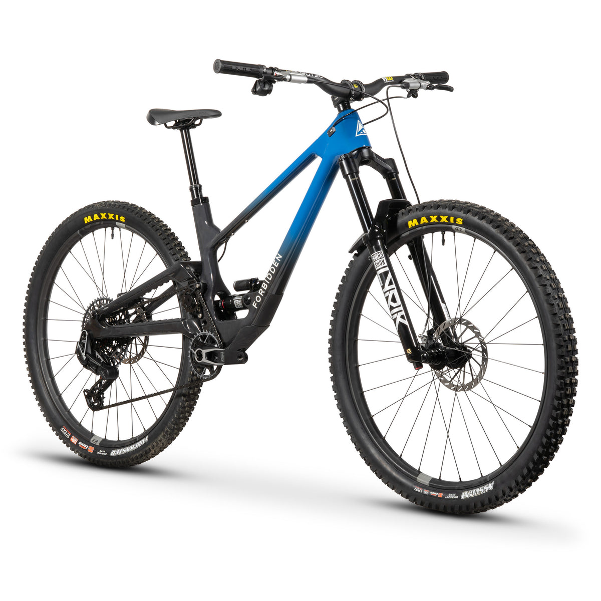 Blue and black Forbidden mountain bike with Maxxis tires, RockShox suspension, ideal for trail riding