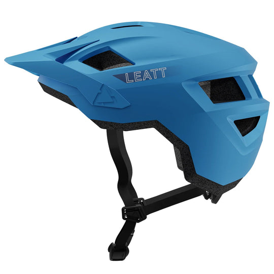 Blue helmet with black straps on a white background, featuring the Leatt brand.