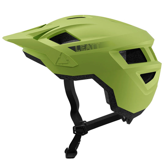 Green helmet with black straps on a white background