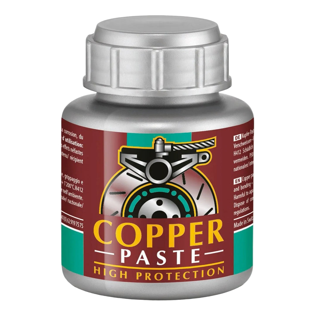A silver metal bottle of Copper Paste High Protection with a metallic silver cap and a label featuring a vintage bicycle graphic and red, green, and gold text.