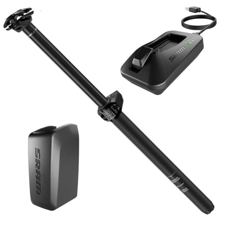 SRAM wireless dropper seatpost with battery and charger for mountain bikes