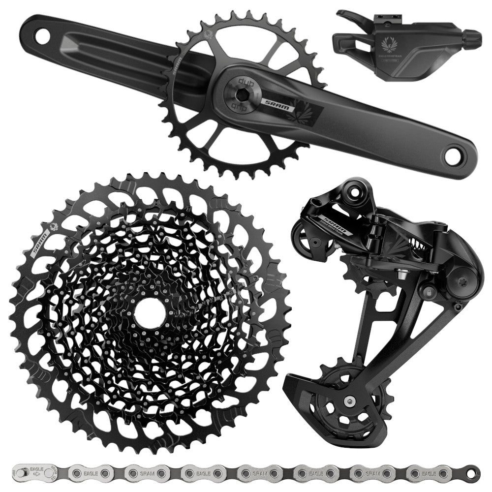SRAM Eagle mountain bike groupset with crankset, cassette, derailleur, shifter, and chain