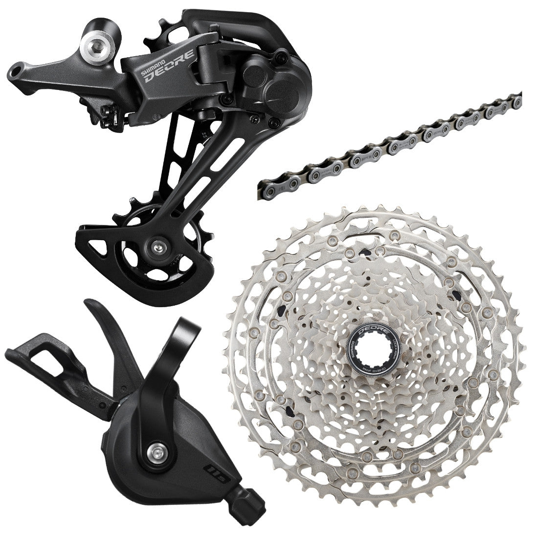 Shimano Deore 12-speed mountain bike drivetrain groupset with rear derailleur, shifter, cassette, and chain