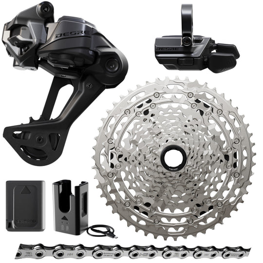 Shimano Deore 12-speed mountain bike groupset with rear derailleur, shifter, cassette, and chain