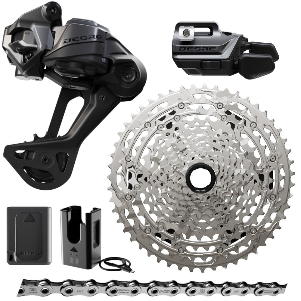 Shimano Deore 12-speed mountain bike groupset with rear derailleur, shifter, cassette, and chain