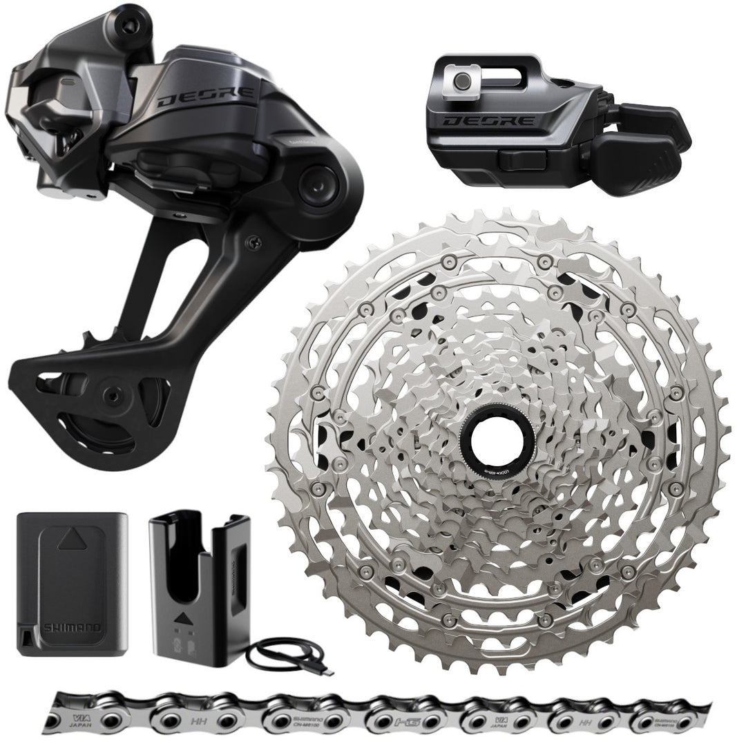 Shimano Deore 12-speed mountain bike groupset with rear derailleur, shifter, cassette, and chain