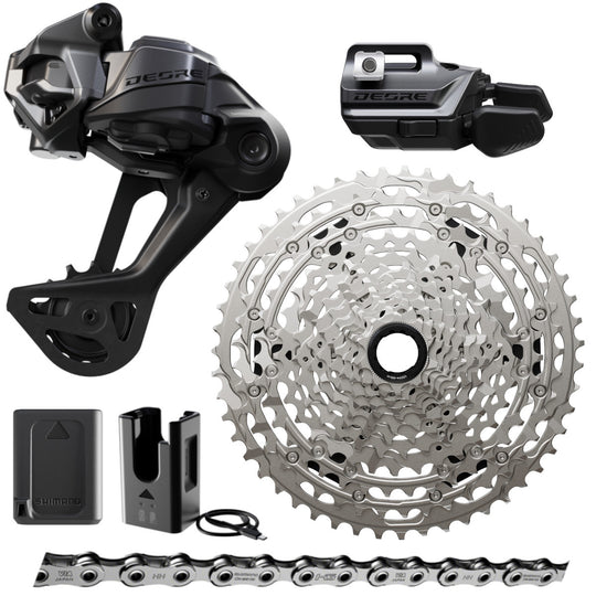 Shimano Deore 12-speed mountain bike groupset with rear derailleur, shifter, cassette, and chain