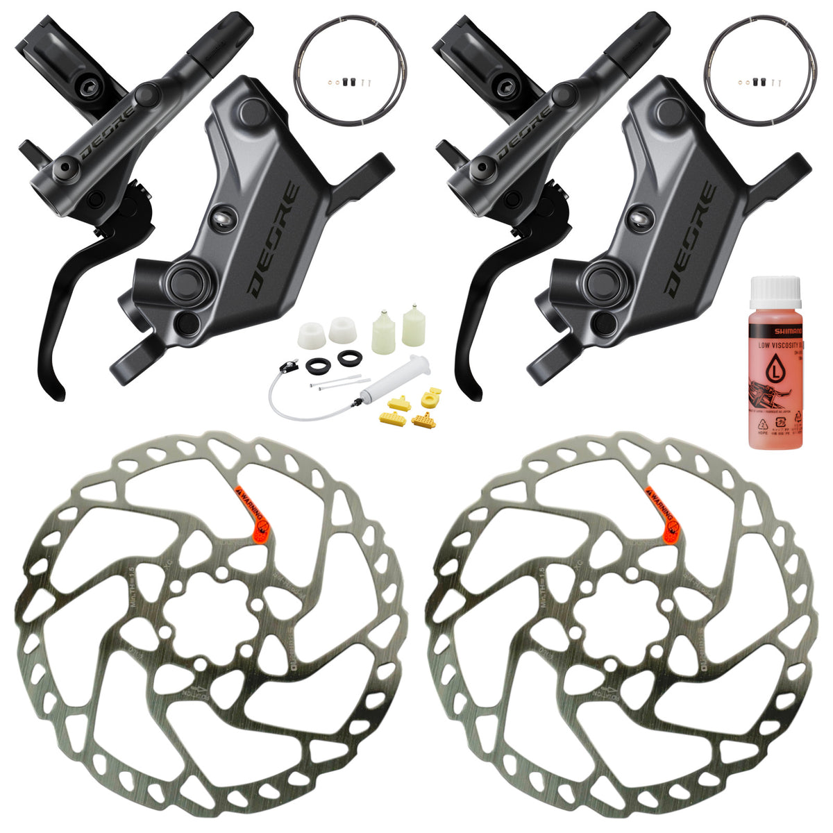 Shimano Deore hydraulic disc brake set with rotors and brake fluid for mountain bikes