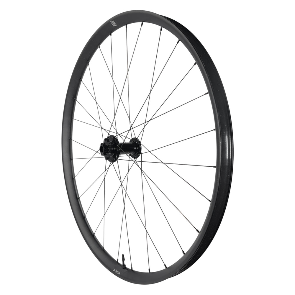Black mountain bike wheel with Sector rim and disc hub, ideal for trail riding and bike upgrades.