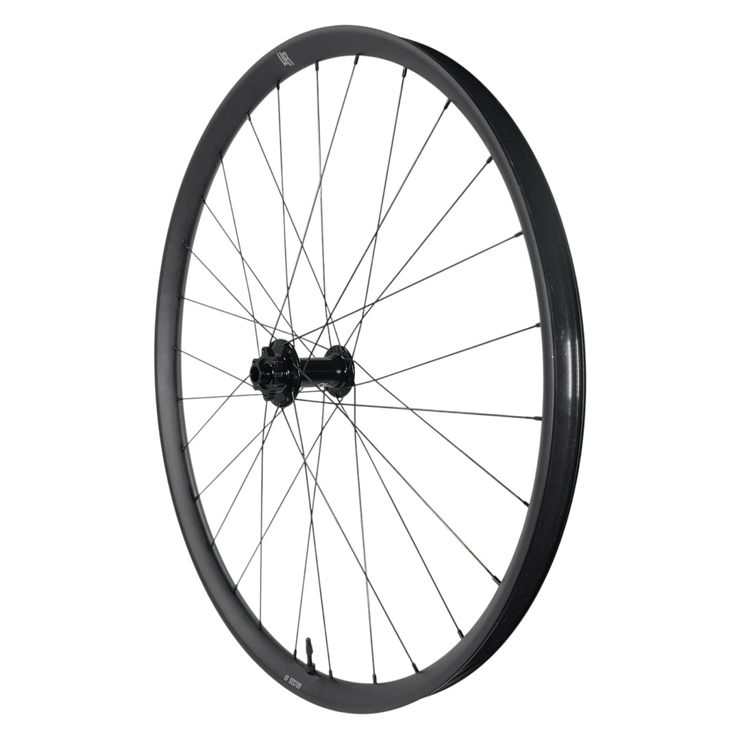 Black mountain bike wheel with Sector rim and disc hub, ideal for trail riding and bike upgrades.