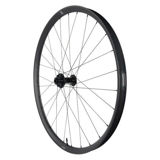 Black mountain bike wheel with Sector rim and disc hub, ideal for trail riding and bike upgrades.