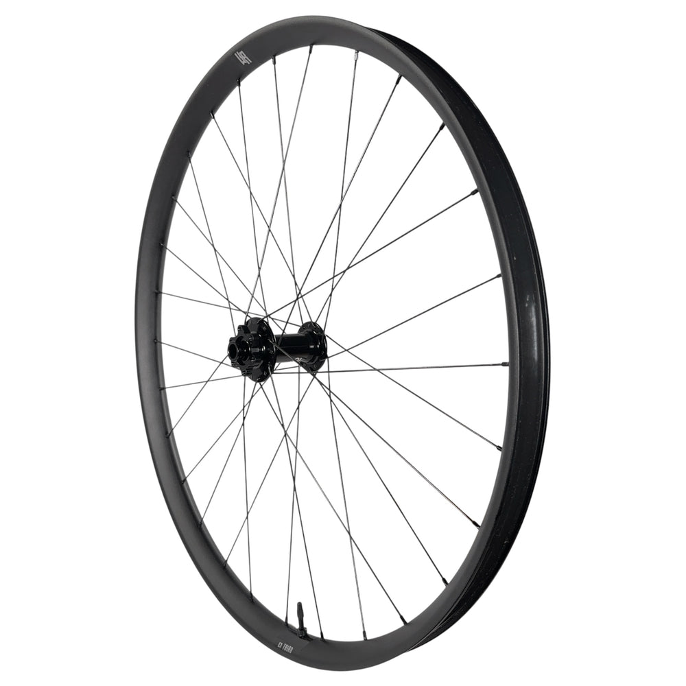 Black mountain bike wheel with 29-inch rim, disc brake hub, and straight-pull spokes for trail riding