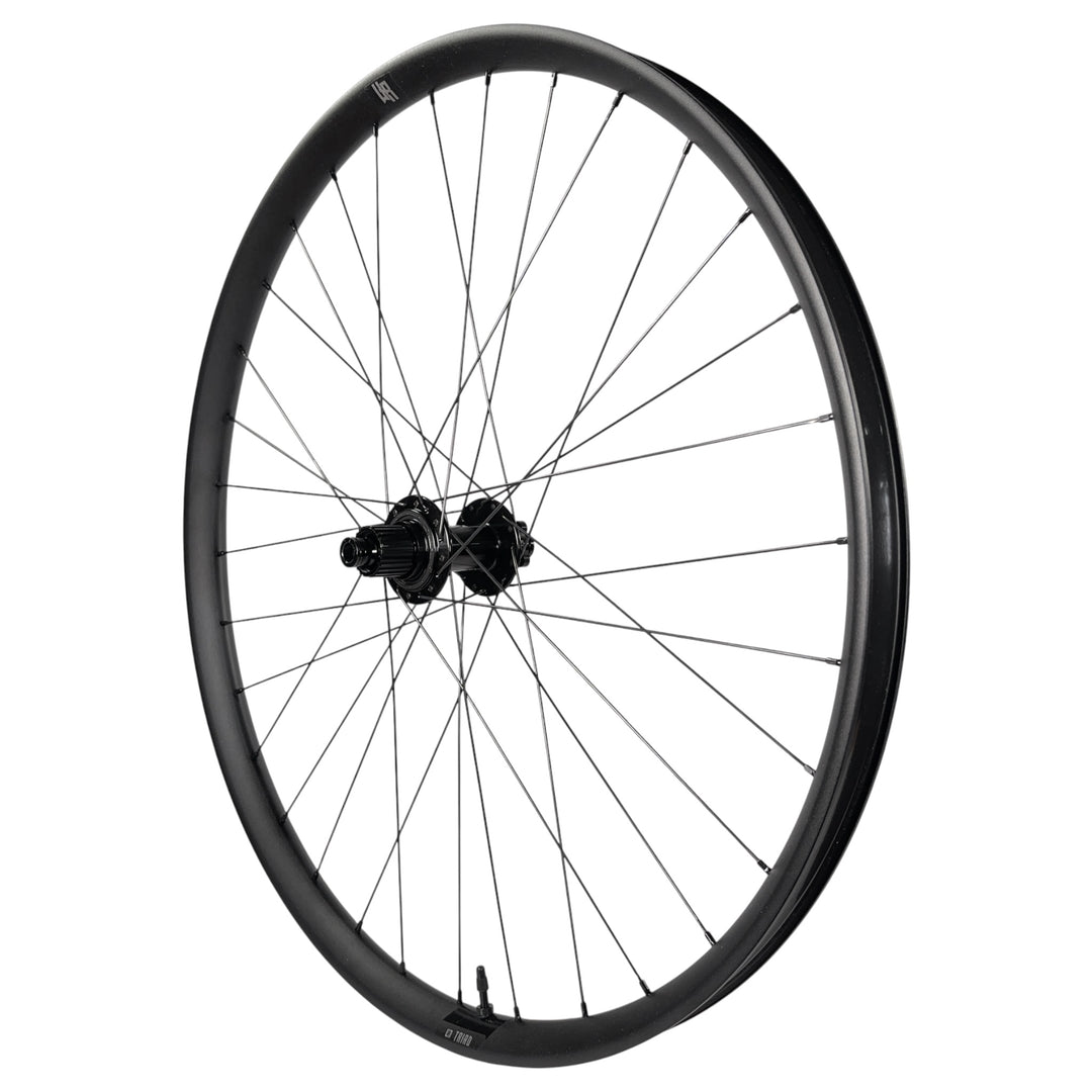 Black mountain bike wheel with TRIO rim and disc hub, ideal for trail riding and bike upgrades