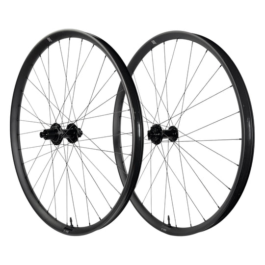 Black mountain bike wheelset with sleek rims and durable spokes for trail riding